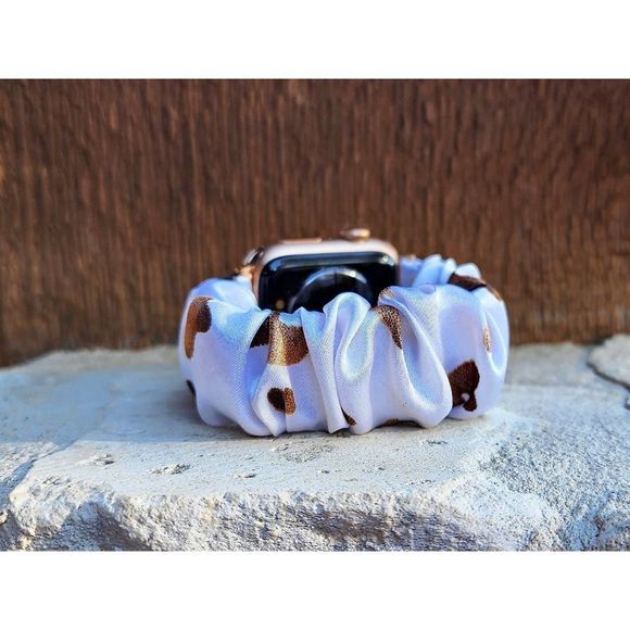Brown Cow Print Scrunchie Watch Band for Fitbit Sense, Versa 3 2 1, Apple Watch - Picture 4 of 8